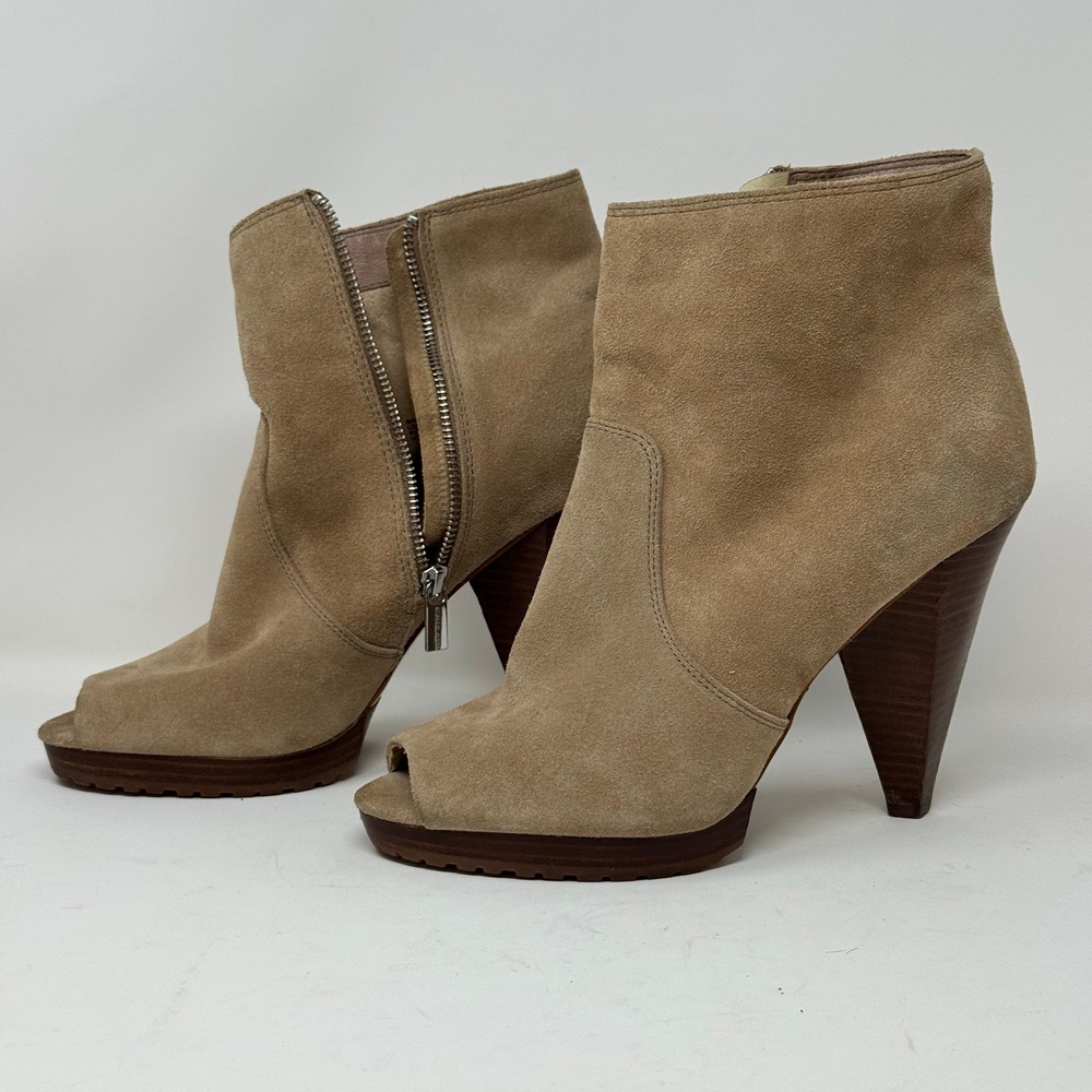 Michael Kors Peep Toe Suede Ankle Boots Chunky Heel Platform Tan Size 10